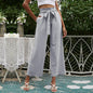 Solid Slant Pocket Belted Pant Women Trousers High Waist Casual Wide Leg Pants Grey