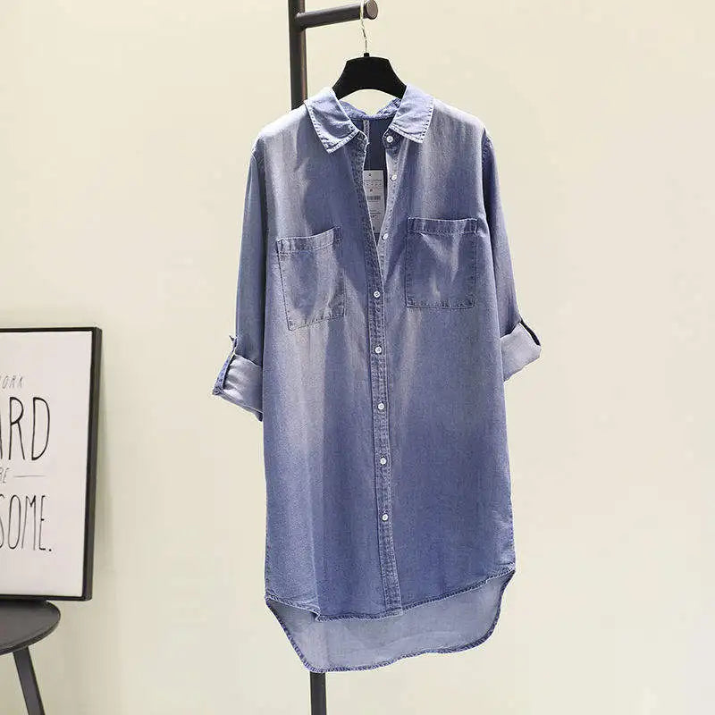 Medium Long Shirt Woman Loose Style Long Sleeves Pocket Denim Blouses