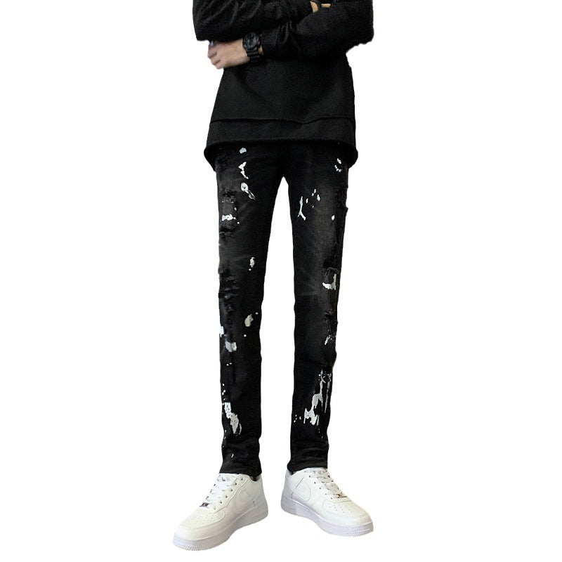 Mens Black Distressed Stretch Denim Jeans - - jeans