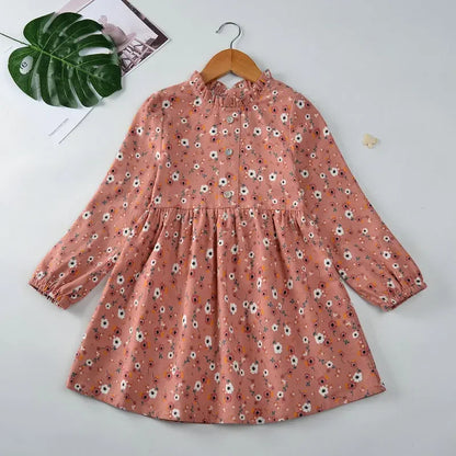 Girls Flower Cotton Long Sleeve Casual Dress dark pink