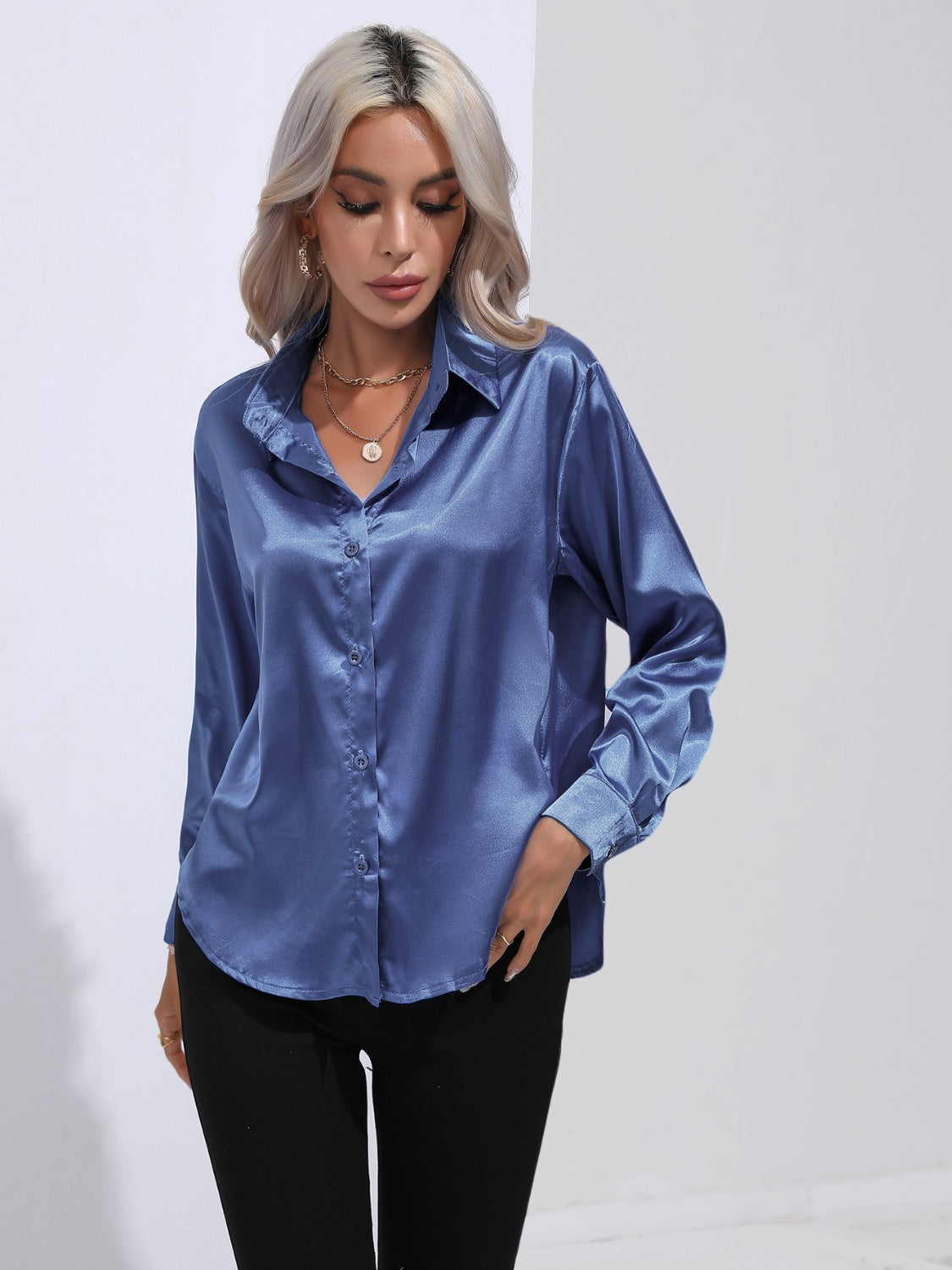 Collared Neck Buttoned Long Sleeve Shirt - Dusty Blue -