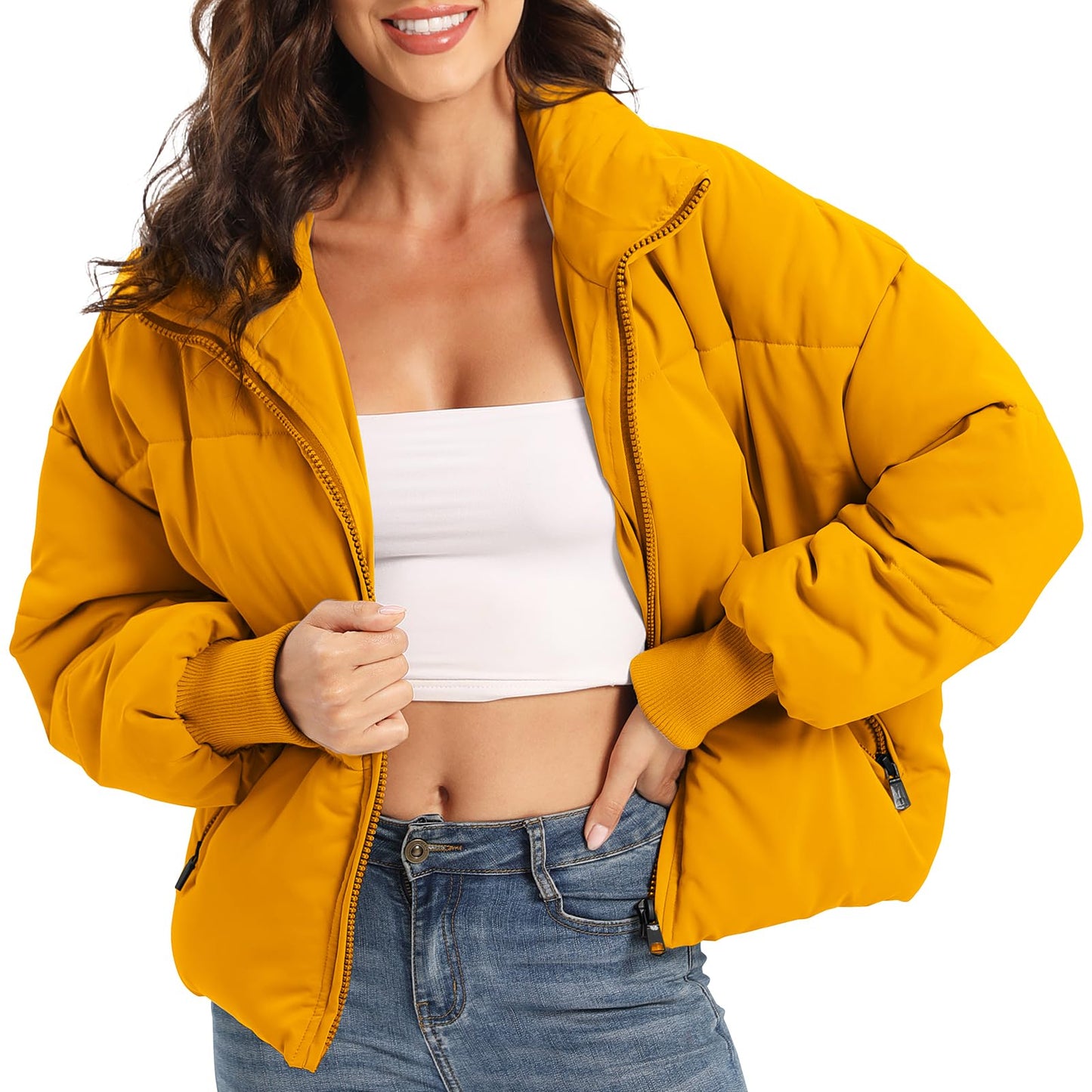 Womens Winter Baggy Zip Puffer jackets Short Down Jacket Coat - Gold Medium - coat