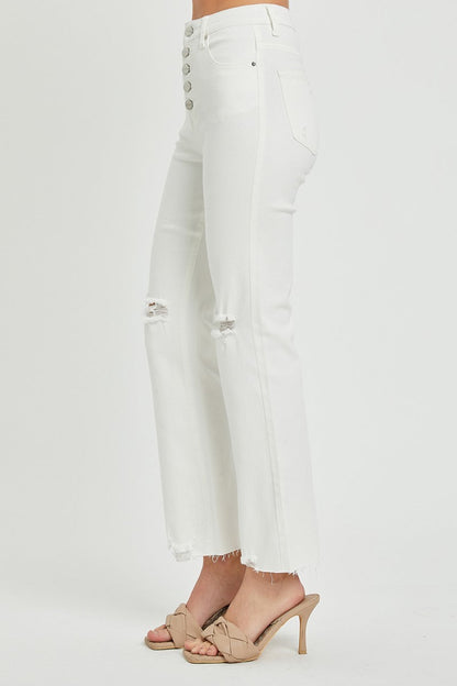 RISEN High Rise Button Fly White Denim Straight Leg Jeans - - jeans