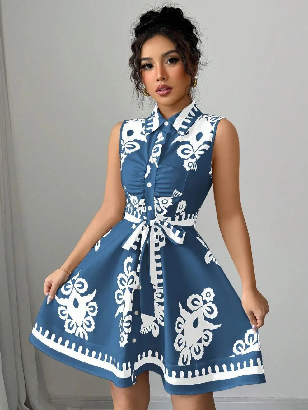 Printed Sleeveless Button Front Dress - -