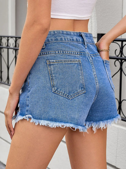 Distressed Raw Hem Denim Shorts - -