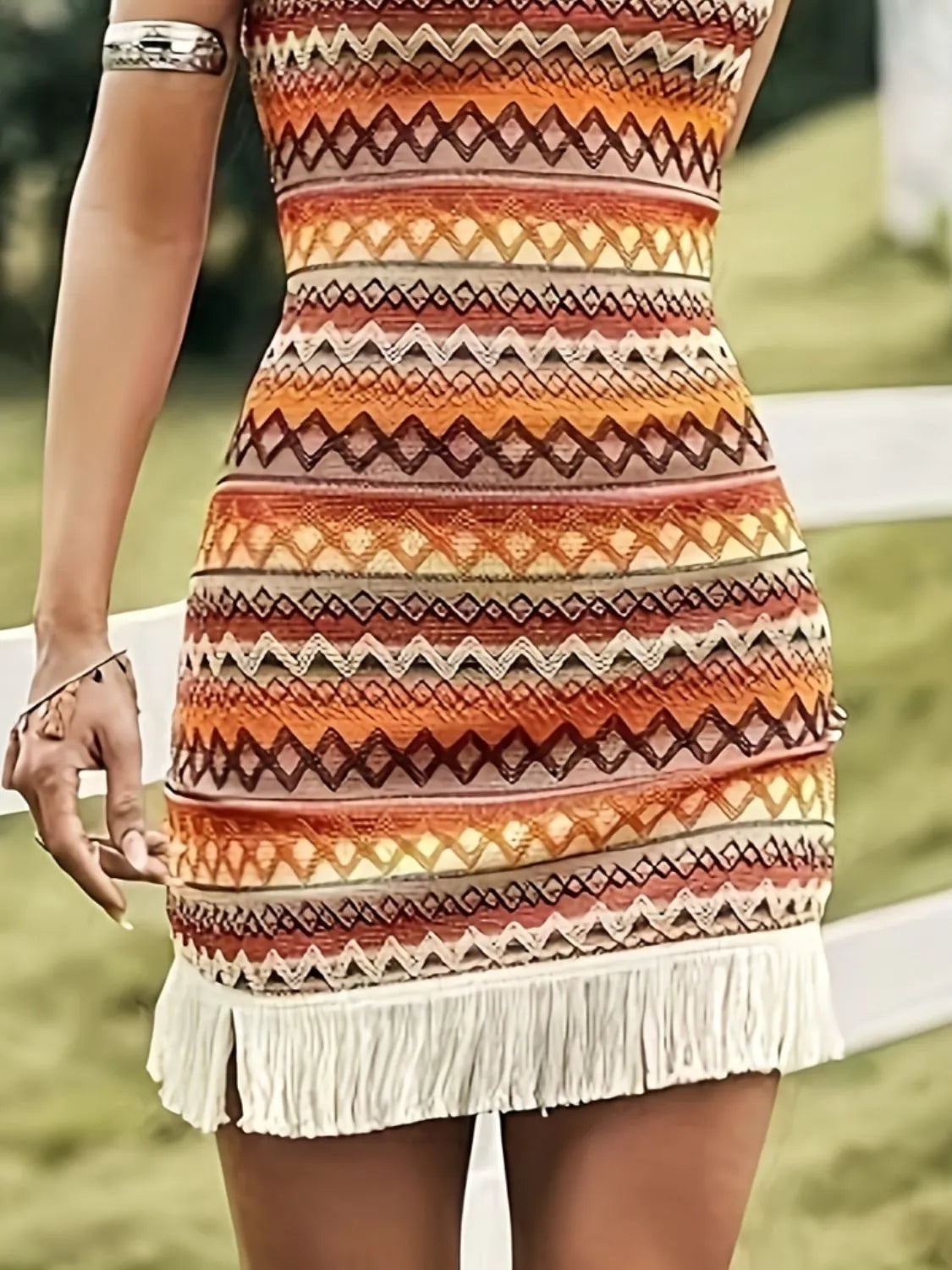Fringe Grecian Neck Mini Dress - -