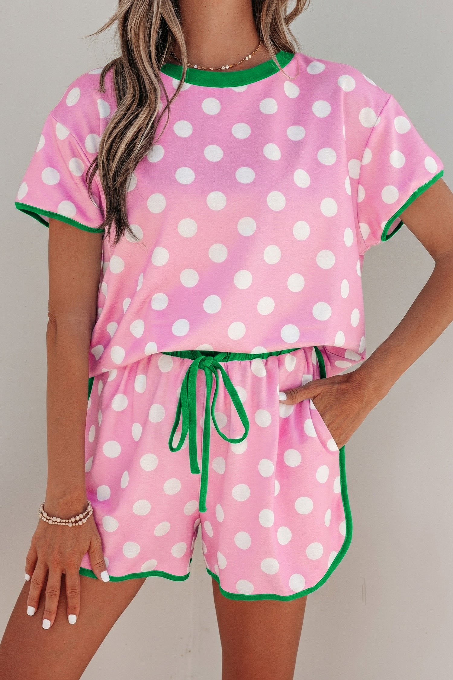 Pink Polka Dot Contrast Edge Casual Short Set - - Two Piece Sets/Short Sets