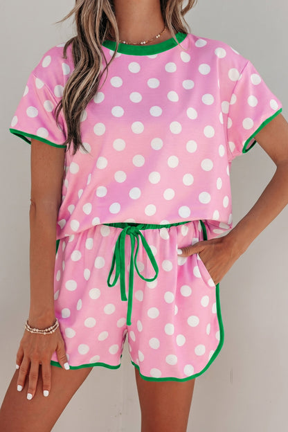 Pink Polka Dot Contrast Edge Casual Short Set - - Two Piece Sets/Short Sets