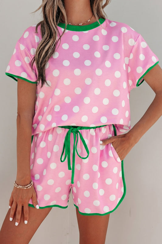 Pink Polka Dot Contrast Edge Casual Short Set - - Two Piece Sets/Short Sets