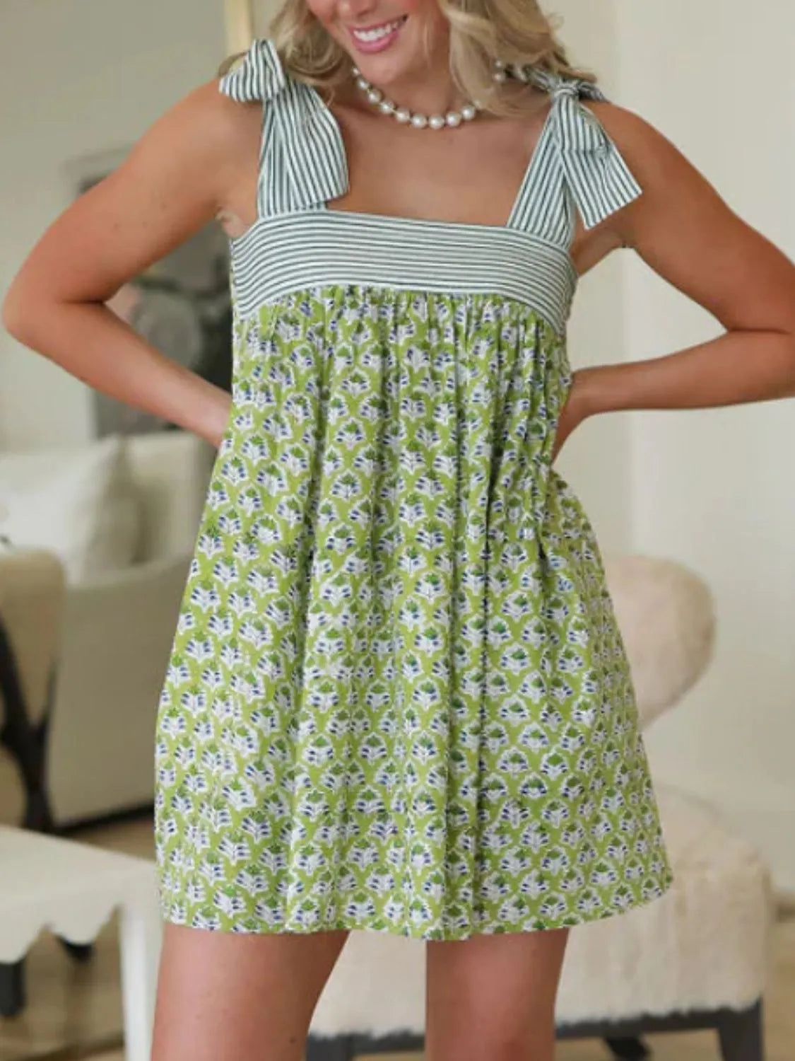 Printed Square Neck Tie Shoulder Mini Dress - -