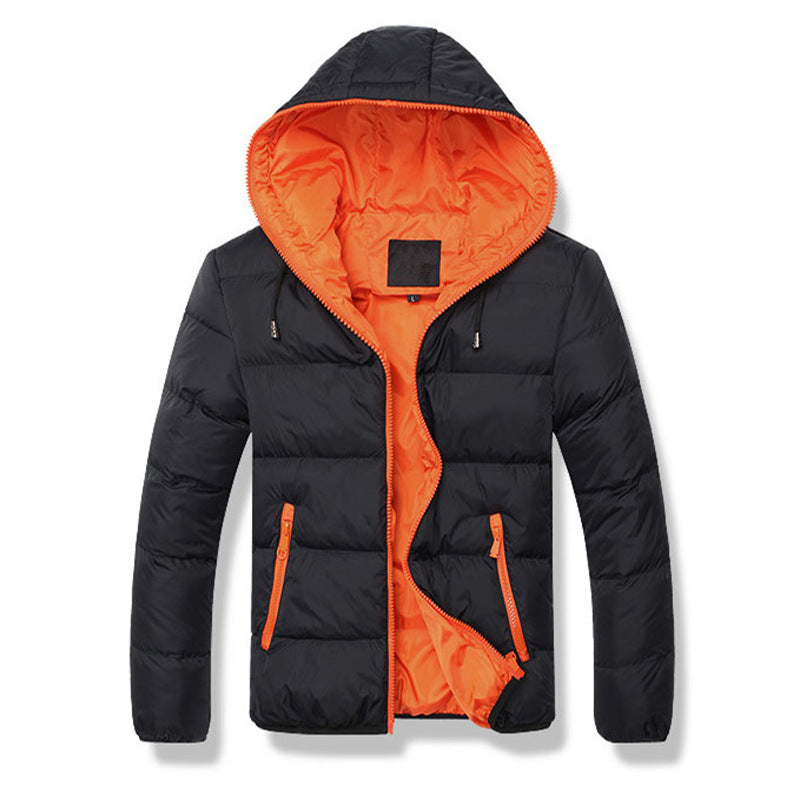 Mens Hooded Thick Down Cotton Coat - Black and Orange XL - coat