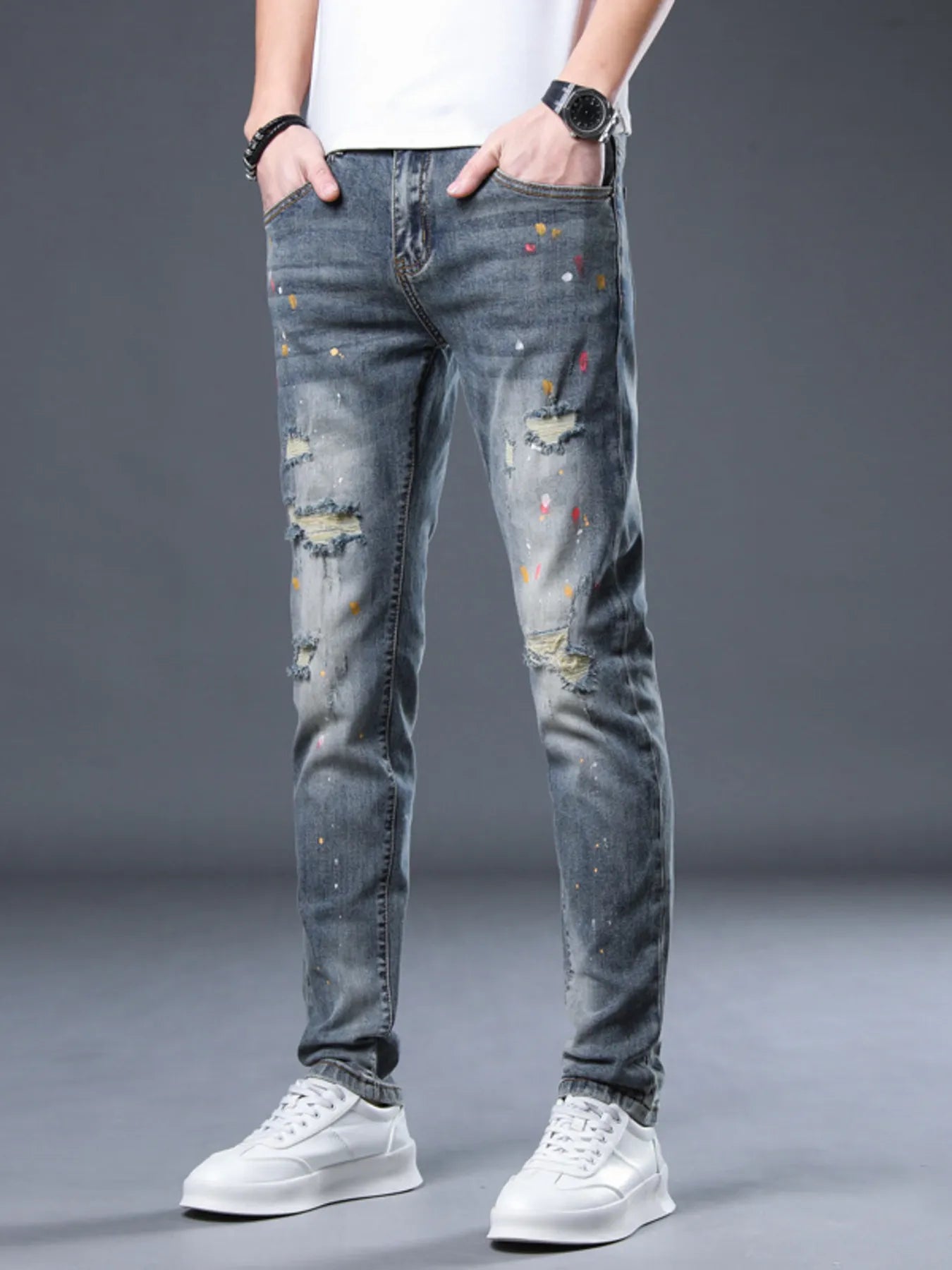 Men's Distressed Slim Fit Jeans - -