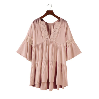 V-Neck Long Sleeve Women Dress Loose Chiffon Blouse Beige