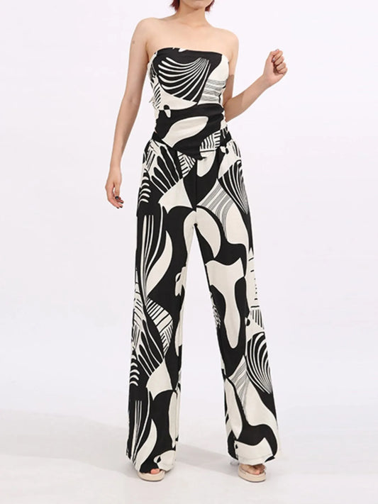 Abstract Print Tube Top and Wide Leg Pants Two-Piece Set - -