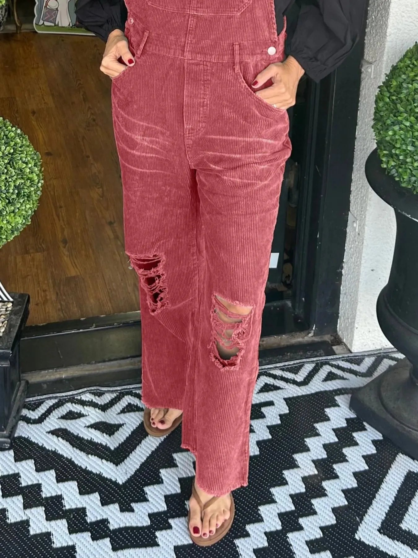 Distressed Wide Leg Corduroy Overalls - -