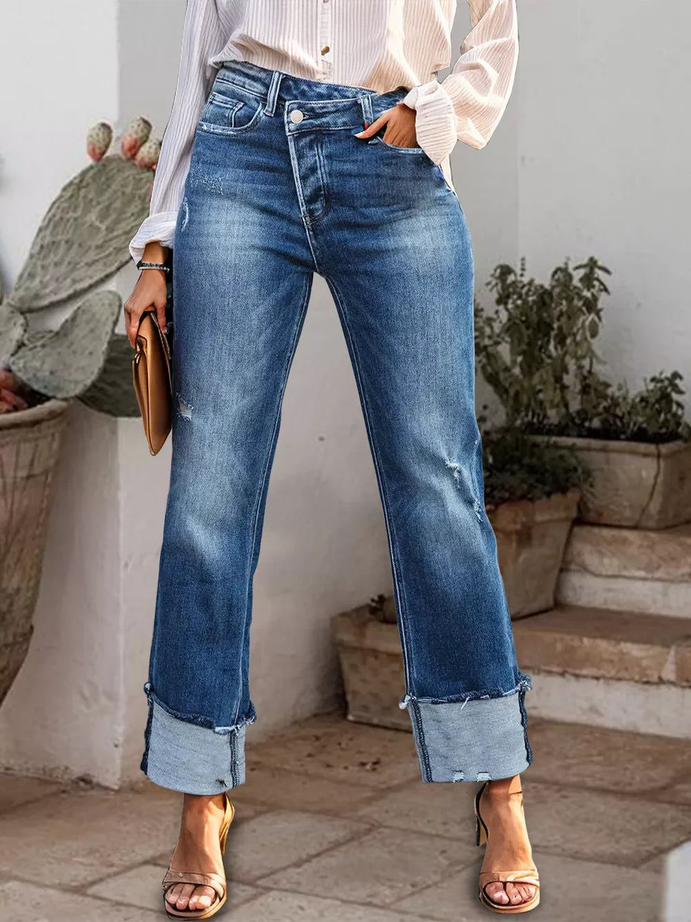 Stepped Waist Raw Hem Rolled Straight Jeans - Medium -