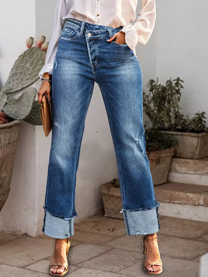 Stepped Waist Raw Hem Rolled Straight Jeans - Medium -