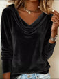 Velvet Cowl Neck Long Sleeve Top - Black -