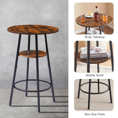 Rustic Brown Round Bar Stool Set with Shelves - - dining set