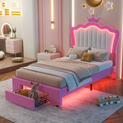 Twin Size Upholstered Bed Frame With LED Lights, Modern Upholstered Princess Bed With Crown Headboard, A Drawer - PinkWhite -