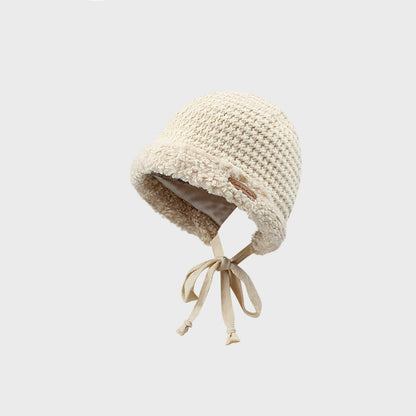 Chic Plush Wool Beanie with Strap - Beige - baby hat