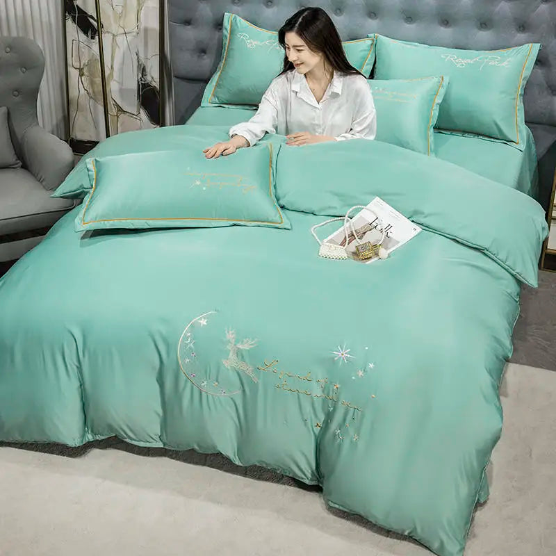 Organic Embroidered 4pcs Silky Satin Bedding Set