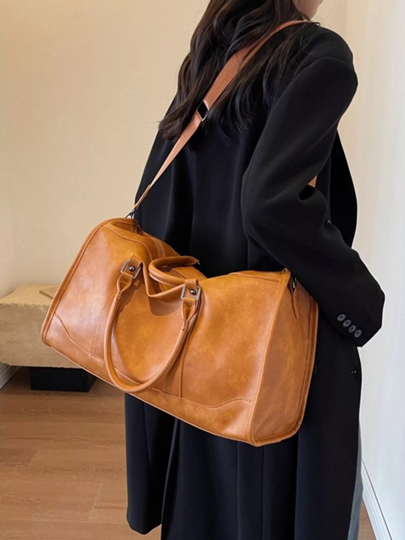 Vintage Leather Duffle Bag - -