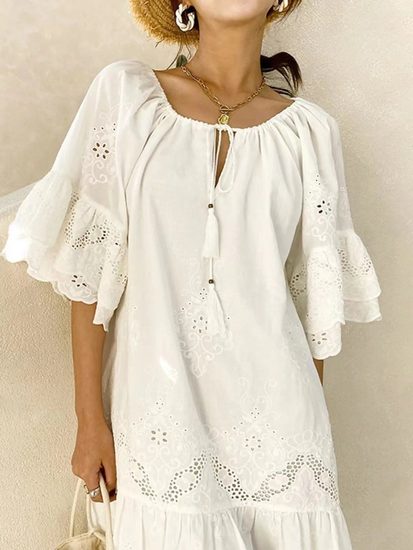 Eyelet Embroidered Tassel Tie Neck Dress - -