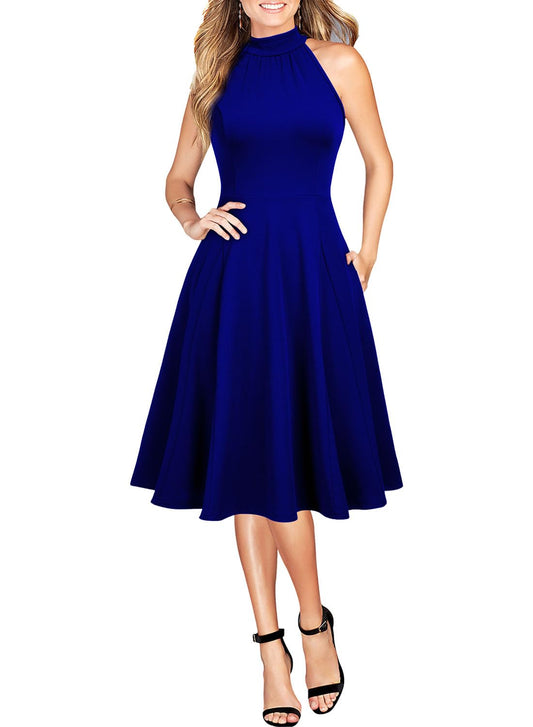 WOOSEA Womens Royal Blue Halter Cocktail Dress with Pockets - - dress