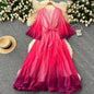 New Waist Tie Loose V-Neck Flared Sleeve Gradient Color Dress