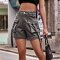 High Waist Denim Cargo Shorts - Mid Gray -