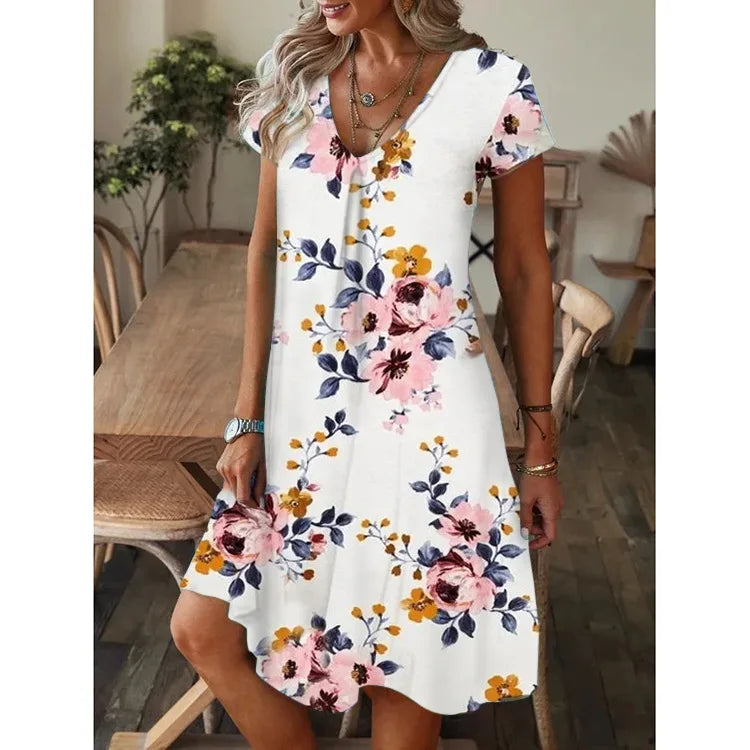 Leisure Style V-Neck Loose Digital Printed Short Sleeved Long  Knee Dress