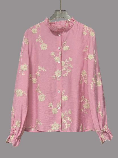 Flower Button Up Long Sleeve Shirt - -