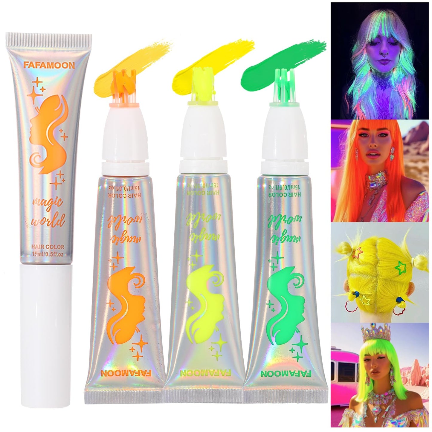 YIBABY 3 Colors Magical Semi Permanent Hair Dye Glow in the Dark UV Neon Hair Gel Set - Green+Orange+Yellow 0.51 Fl Oz (Pack of 3) - hair color