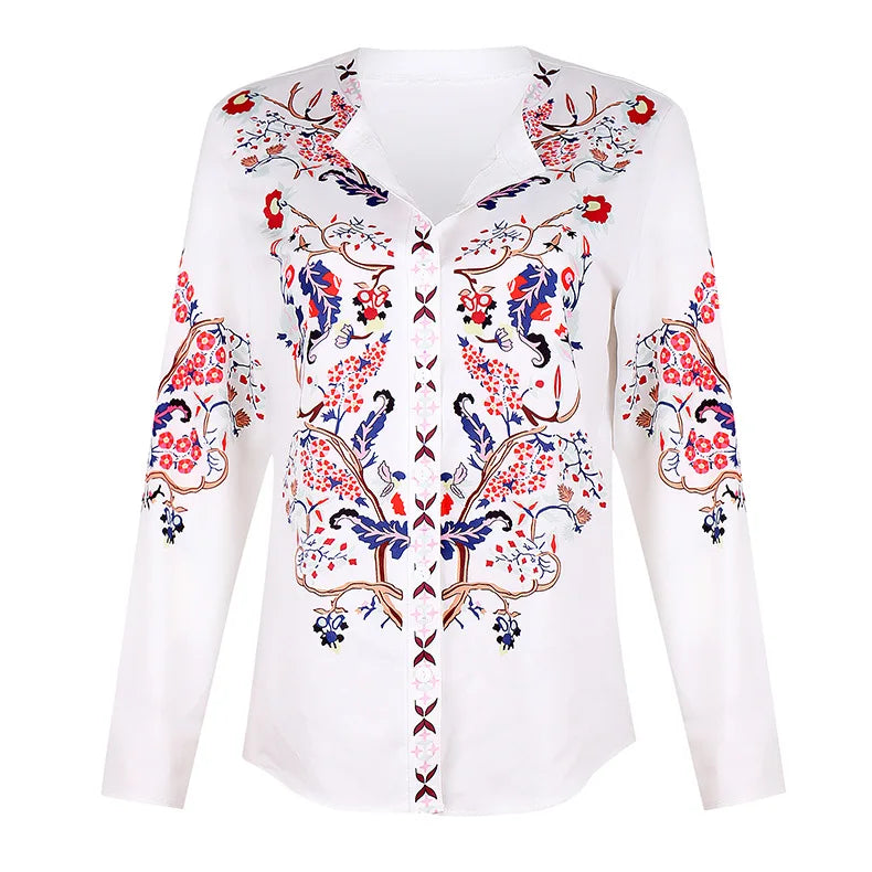 Lace Blouse Long Sleeve Lovely Floral Printed Shirt Ladies Stand Collar Blouse