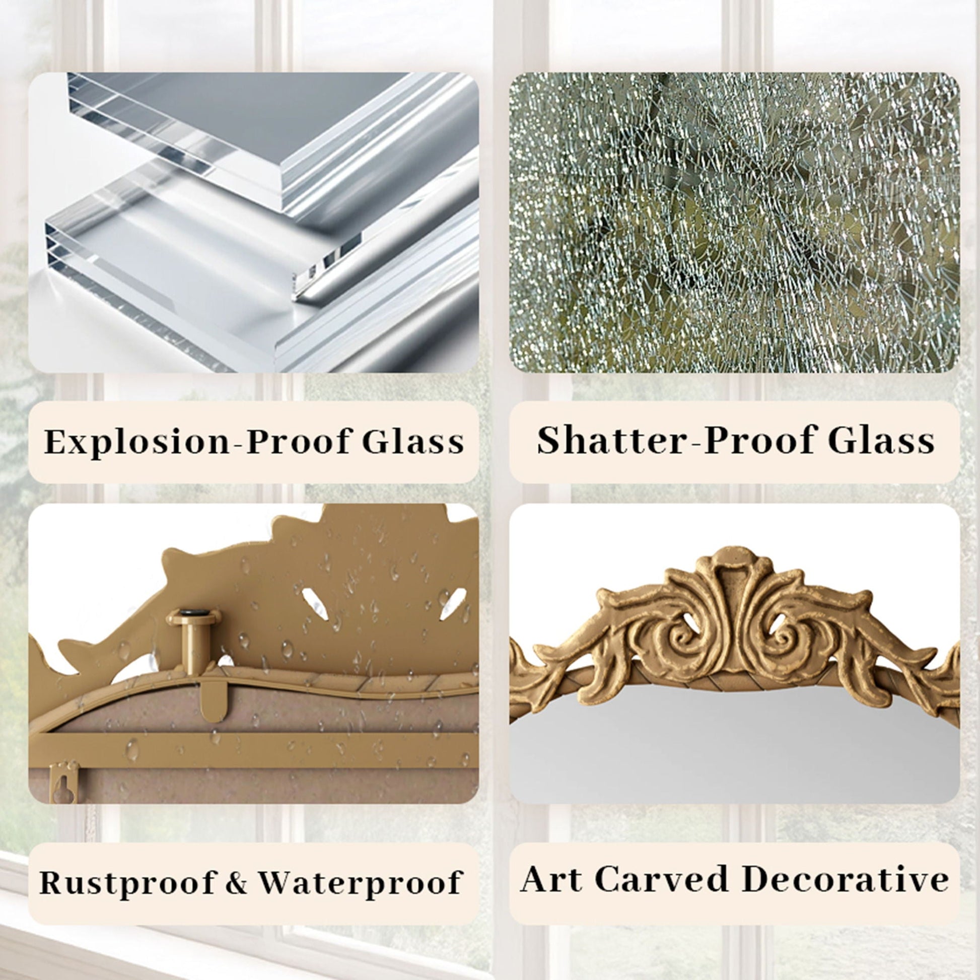 Full Body Arched Mirror With Vintage Carved Applique - - Wall Mirrors