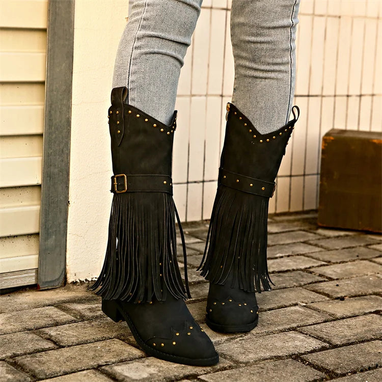 Women's Western Cowgirl Boots Wide Pointed Toe Mid Calf PU Leather Tassel Boots