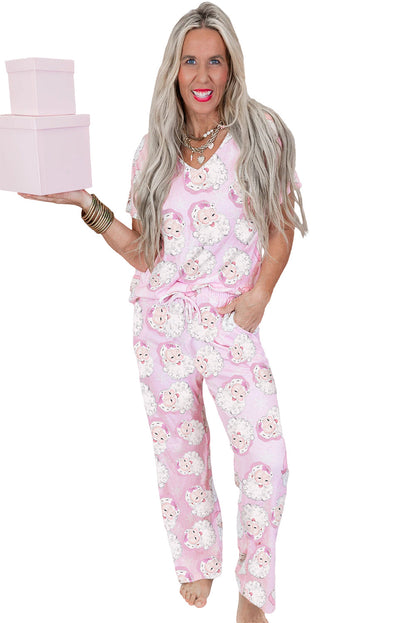 Pink Santa Claus Print V Neck Tee Drawstring Pants 2pcs Lounge Set - - Loungewear & Sleepwear/Loungewear
