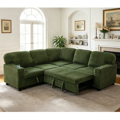 Sofa Bed L-Shape Corduroy Olive Green 5 Seat Pull-Out USB Ports 81 In- NIKKI CASA- {{Product type}}