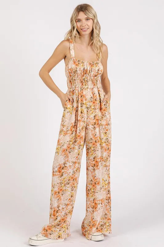 Mittoshop Flower Print Gathered Bust Sleeveless Jumpsuit - -