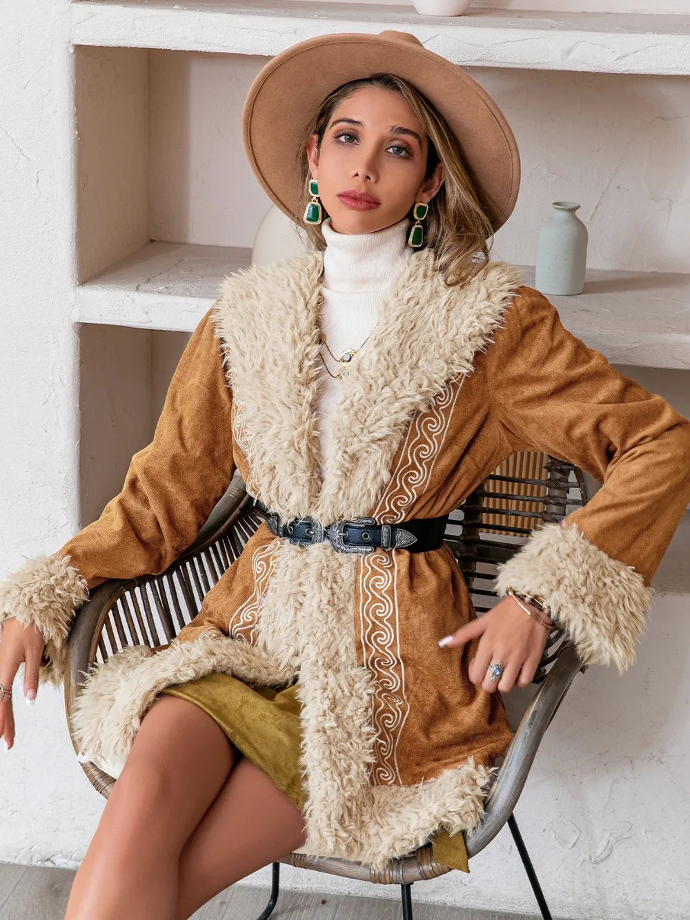 Fuzzy Open Front Long Sleeve Outerwear - -