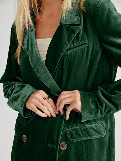 Lapel Collar Long Sleeve Blazer with Pockets - -