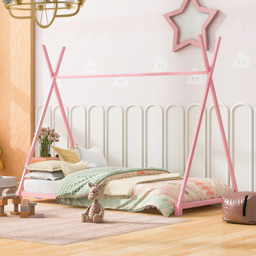 Metal Twin Size House Platform Bed With Triangle Structure - Pink -