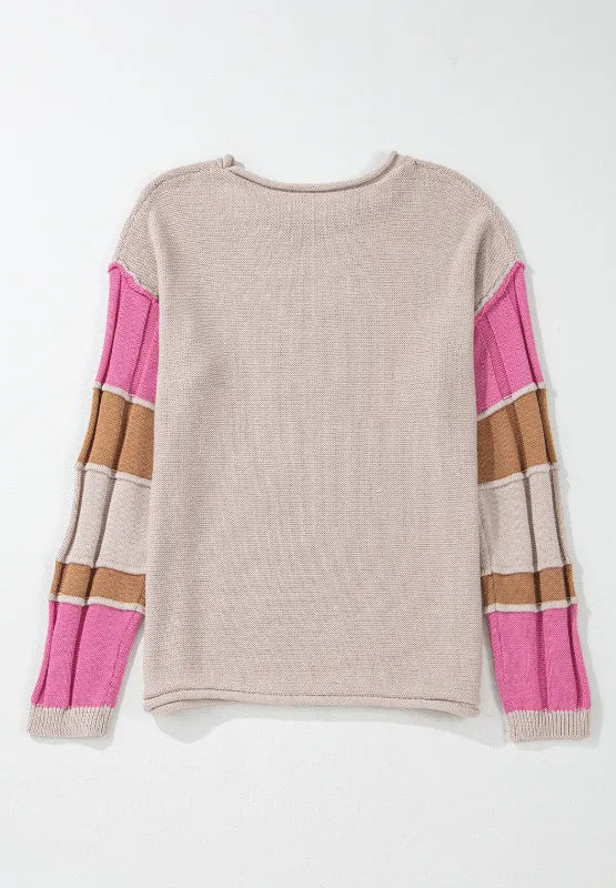 Color Block Round Neck Long Sleeve Sweater - -