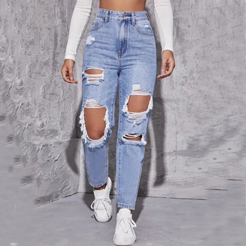 Ripped Jeans Comfortable Casual Street Style Holes High Waist Straight Pants