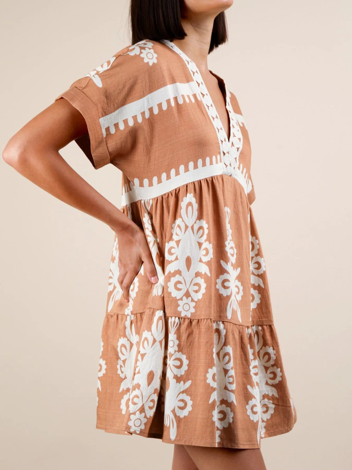Printed V-Neck Short Sleeve Mini Dress - -