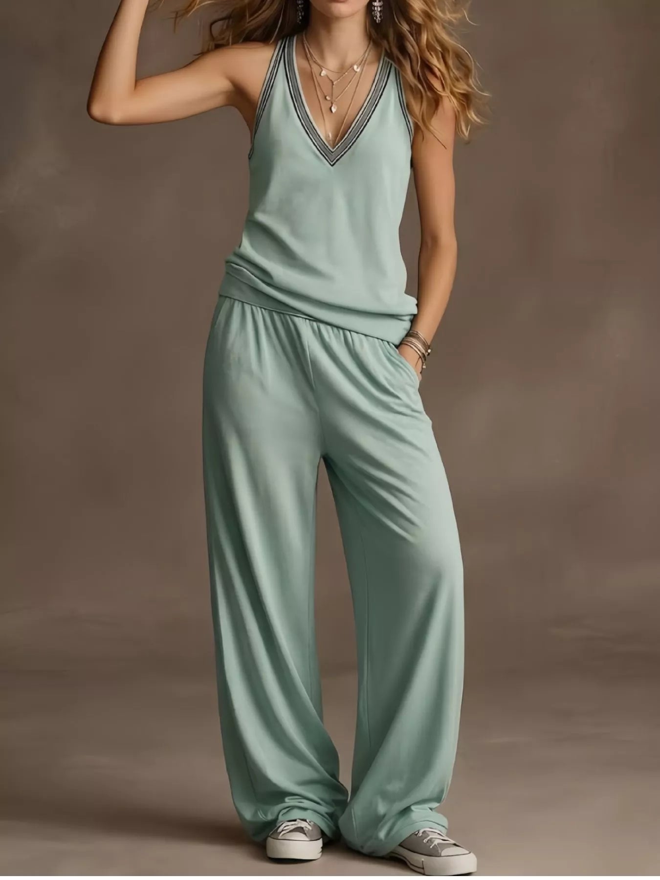 Full Size V-Neck Tank Top & Wide-Leg Pants Set Plus Size- Shopimist- {{Product type}}