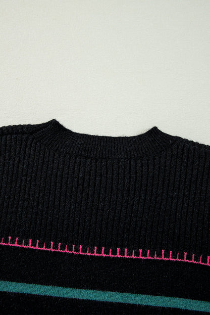 Black Colorful Striped Ribbed Trim Sweater - - Sweaters & Cardigans/Sweaters