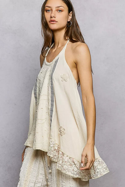 Lace Ruffle Halter Neck Double Gauze Top with Crochet Patch - - Top