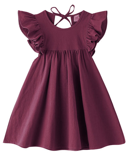 LYXIOF Toddler Girl Cotton Linen Ruffle Dress - Wine Red 90CM - - toddler dress